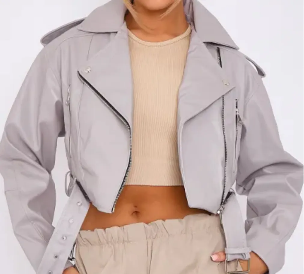 Elena Faux Leather Belted Cropped Biker Jacket