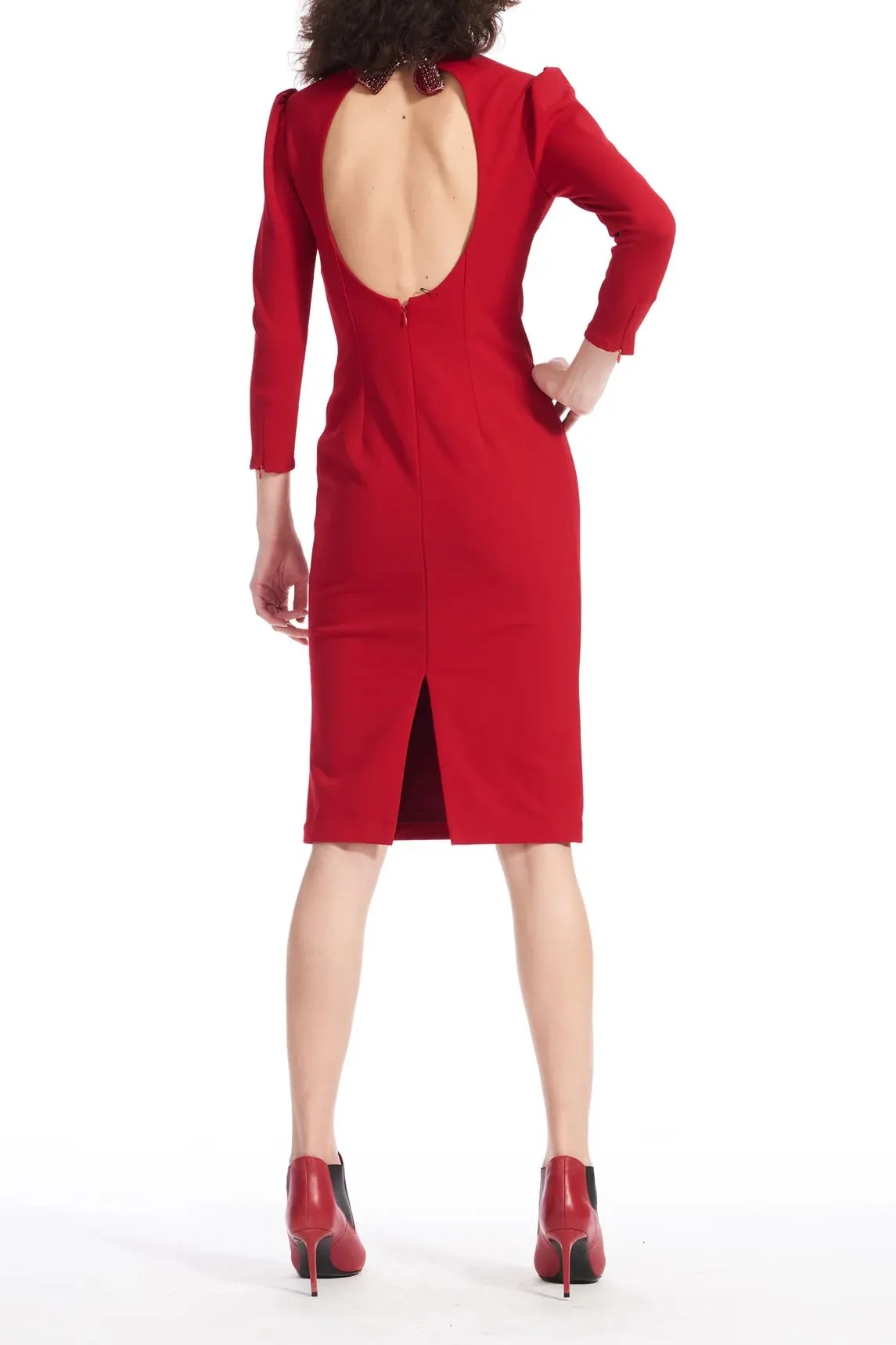 Emily Shalant Beaded Mock Neck And Bow Detail Open Back 3/4 Sleeves Back Zipper Short Dress