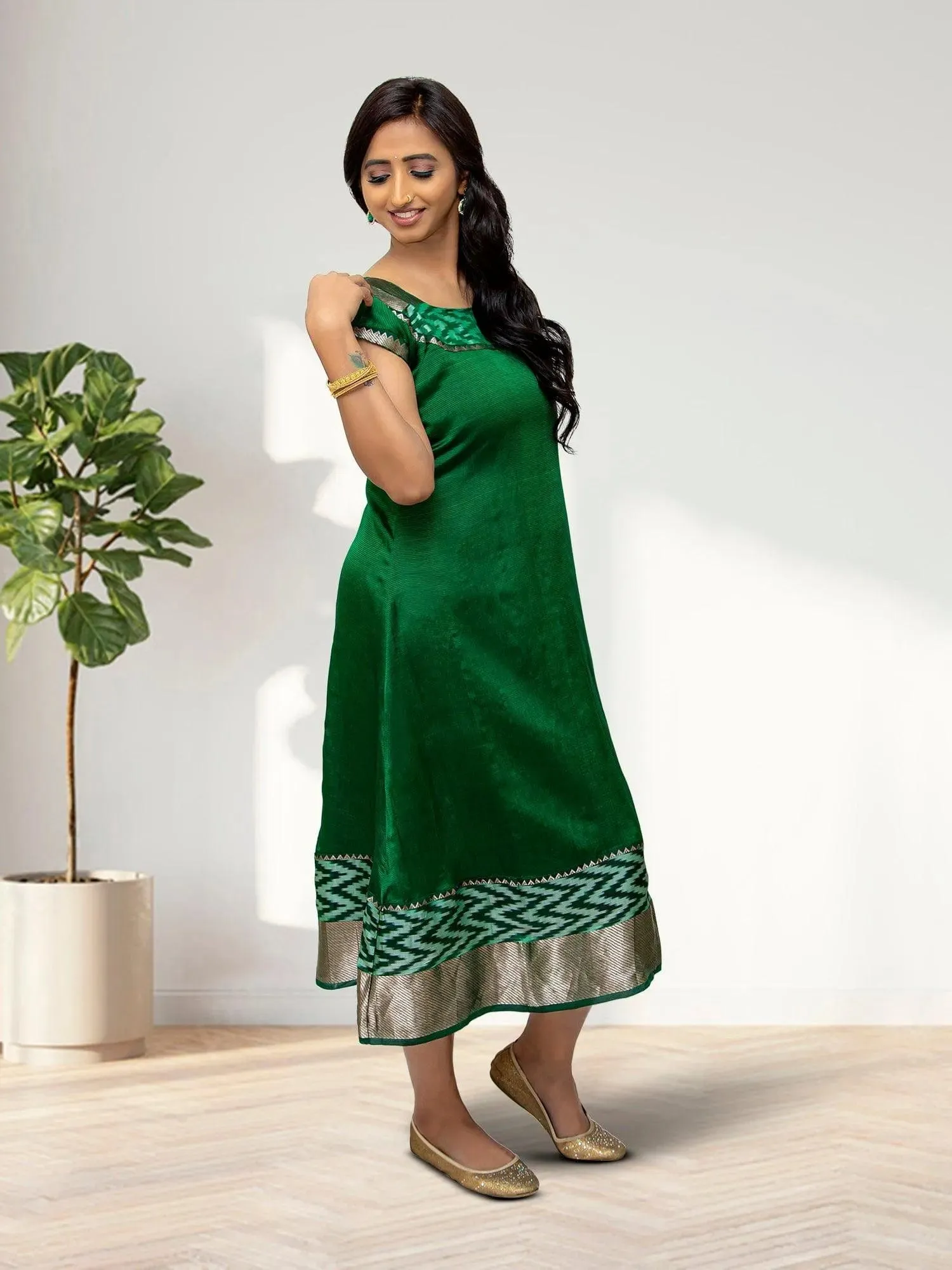 EthnoChic - Dark Green Silk Knee Length Dress