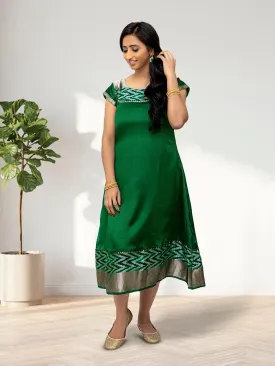 EthnoChic - Dark Green Silk Knee Length Dress