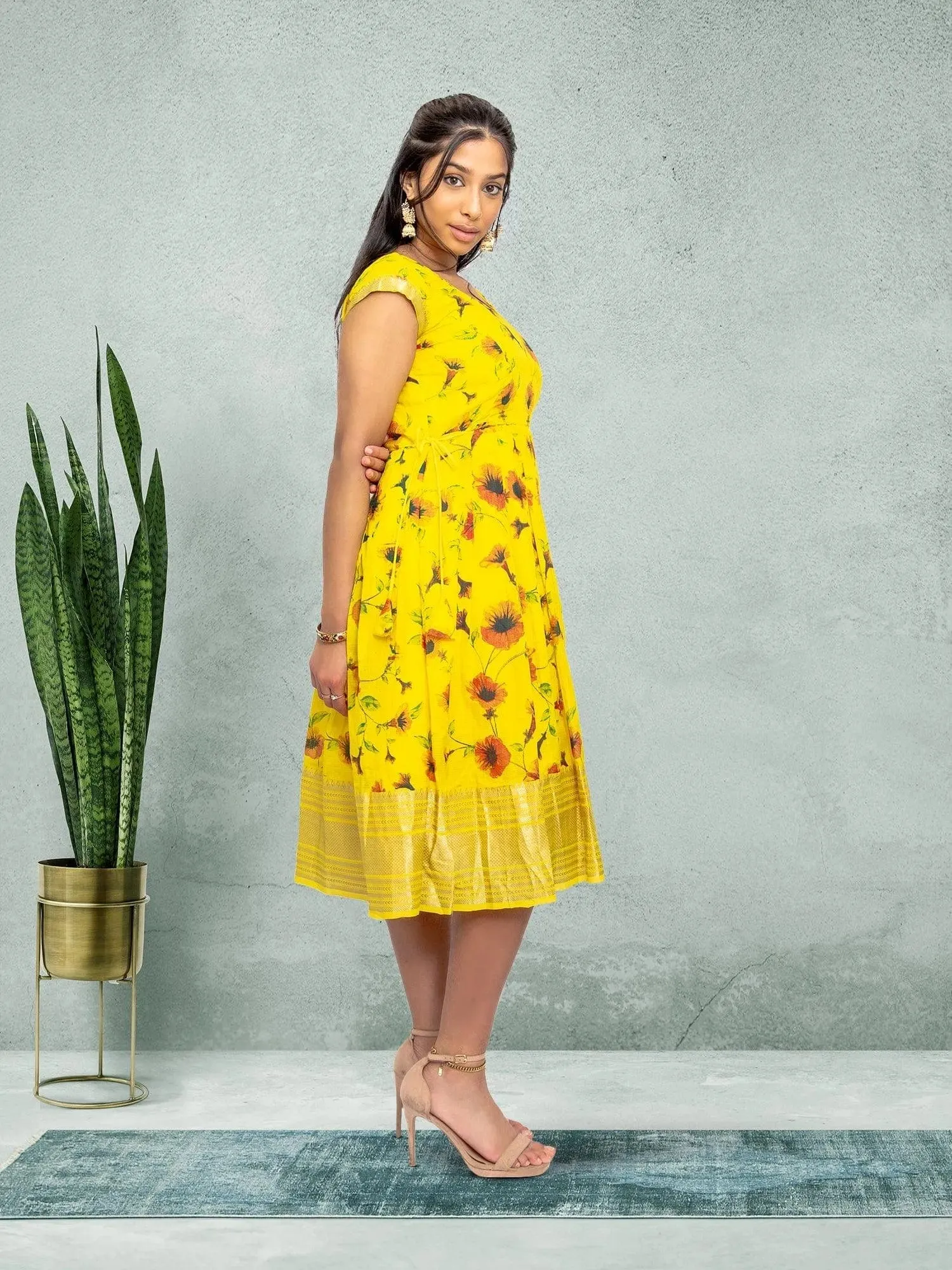 EthnoChic - Yellow Silk Knee Length Dress