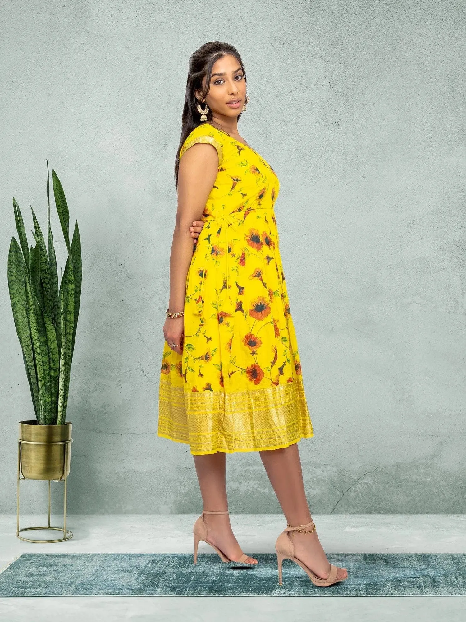 EthnoChic - Yellow Silk Knee Length Dress