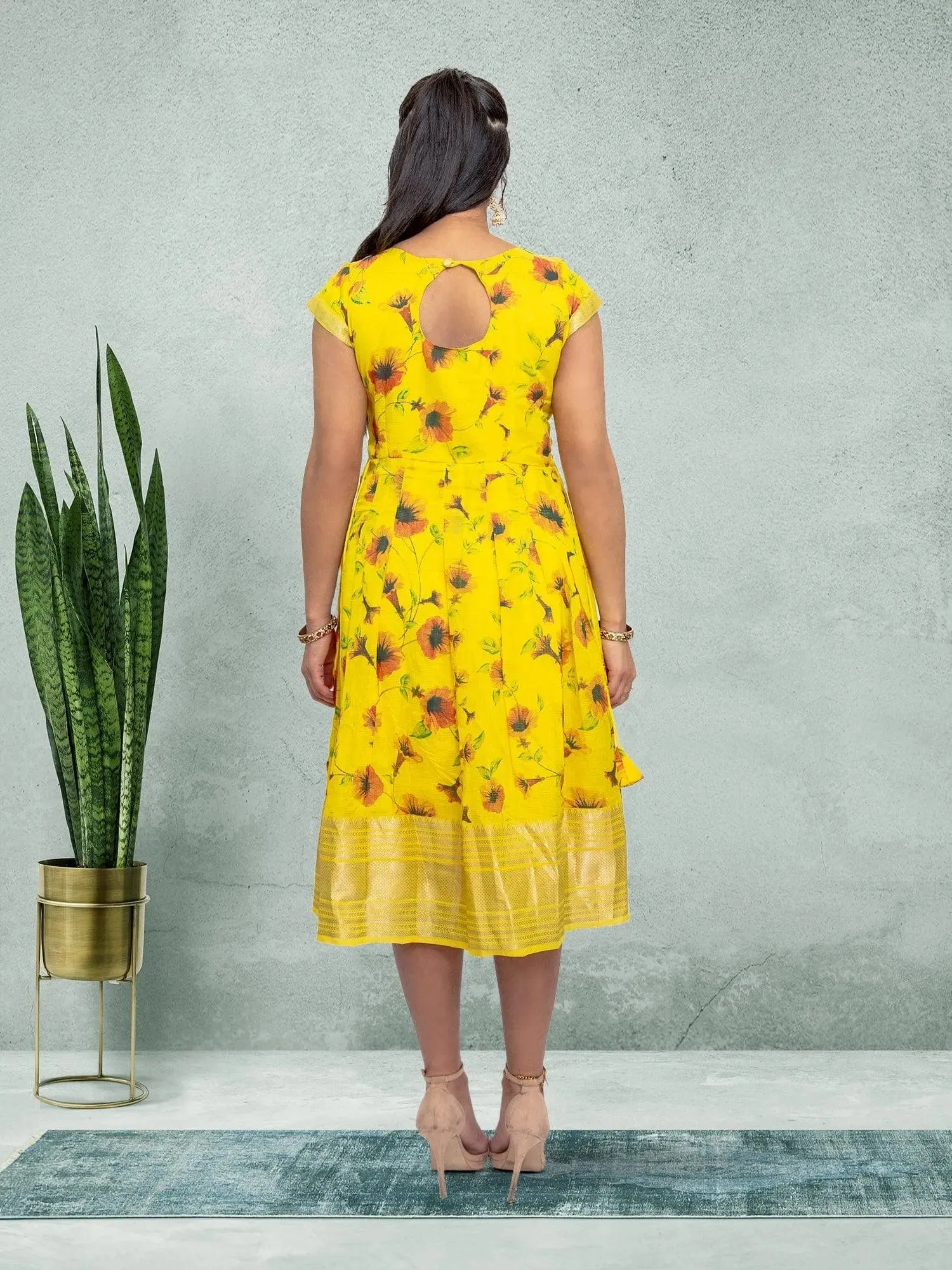 EthnoChic - Yellow Silk Knee Length Dress