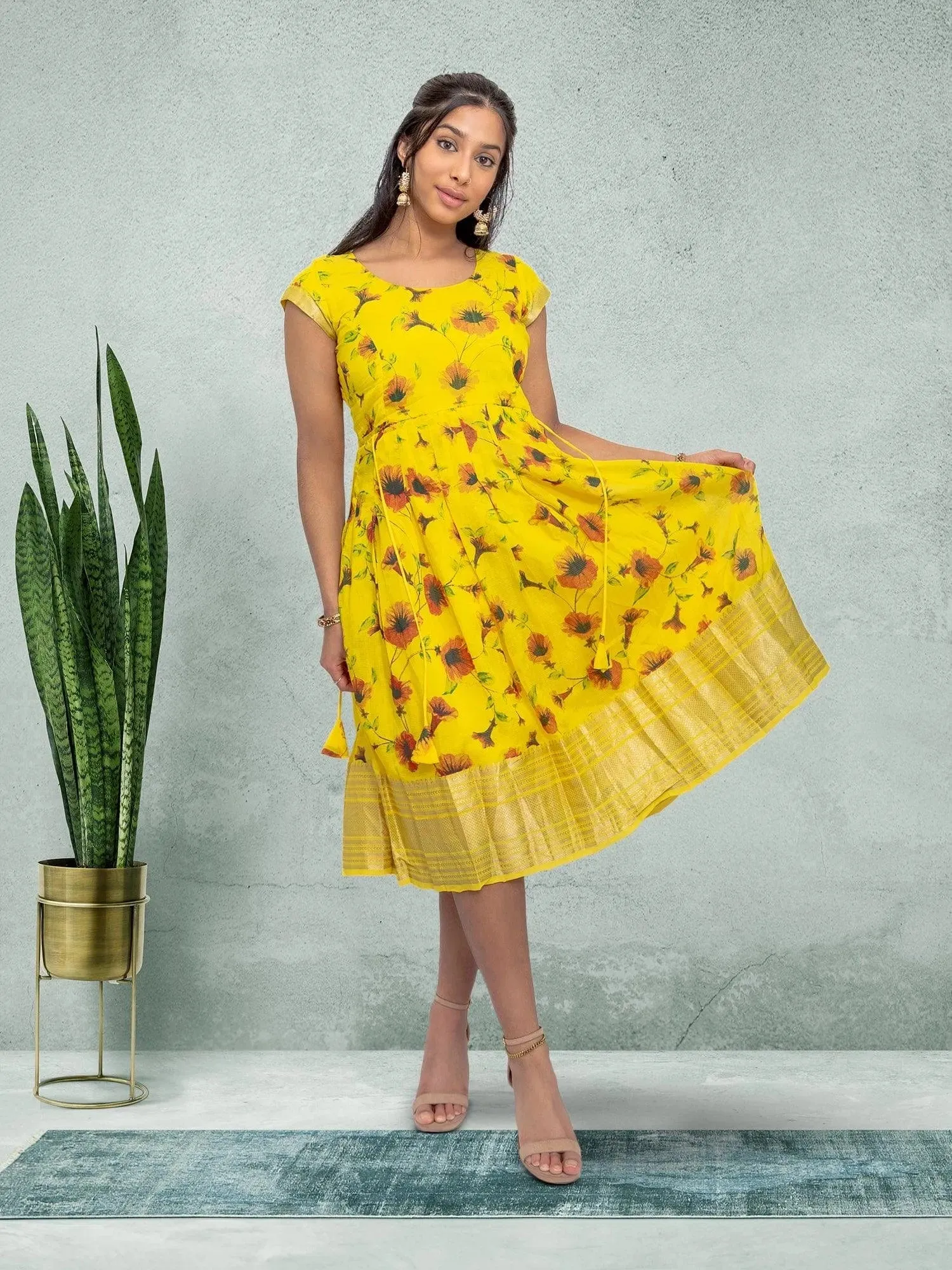 EthnoChic - Yellow Silk Knee Length Dress