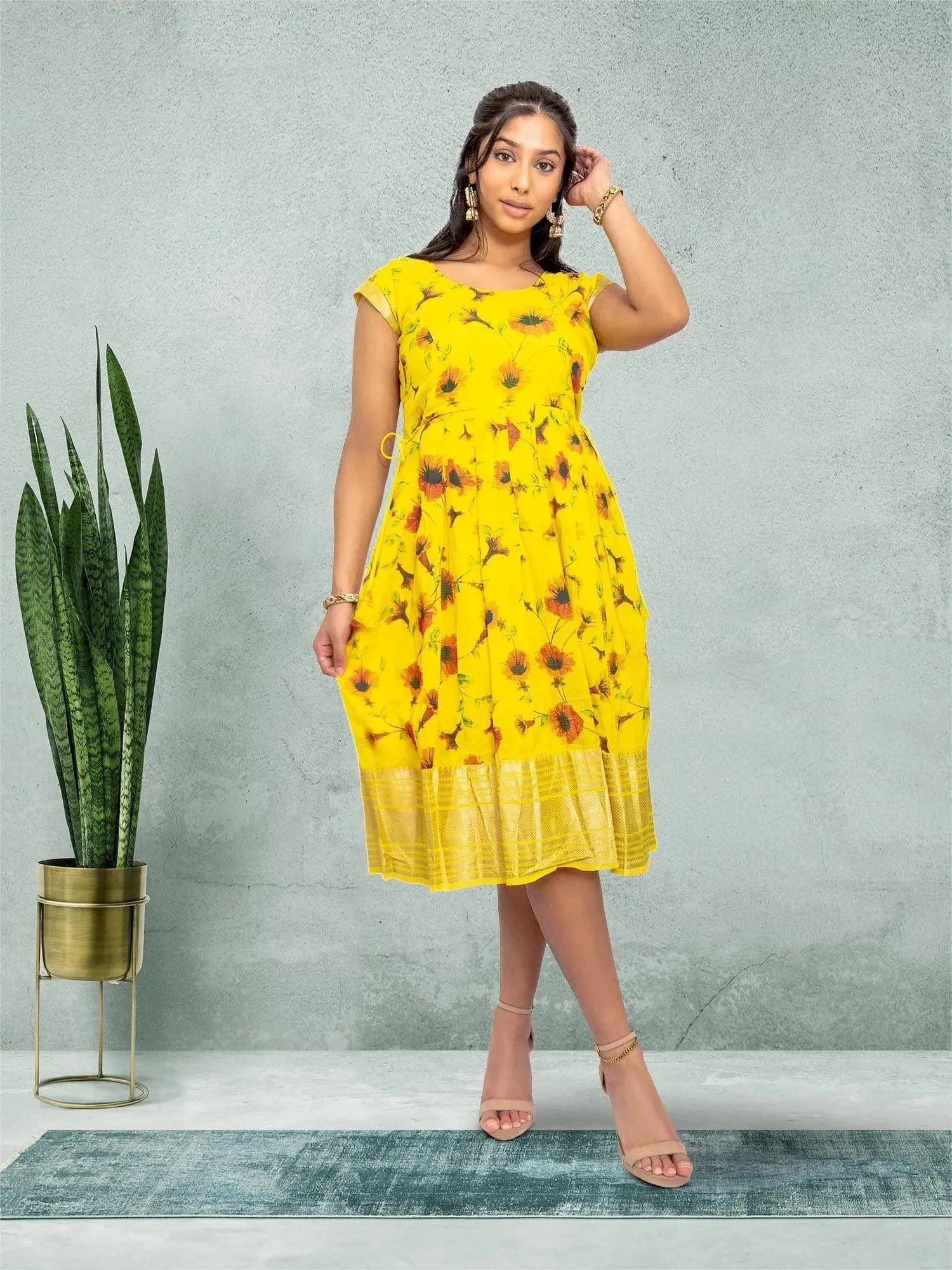 EthnoChic - Yellow Silk Knee Length Dress