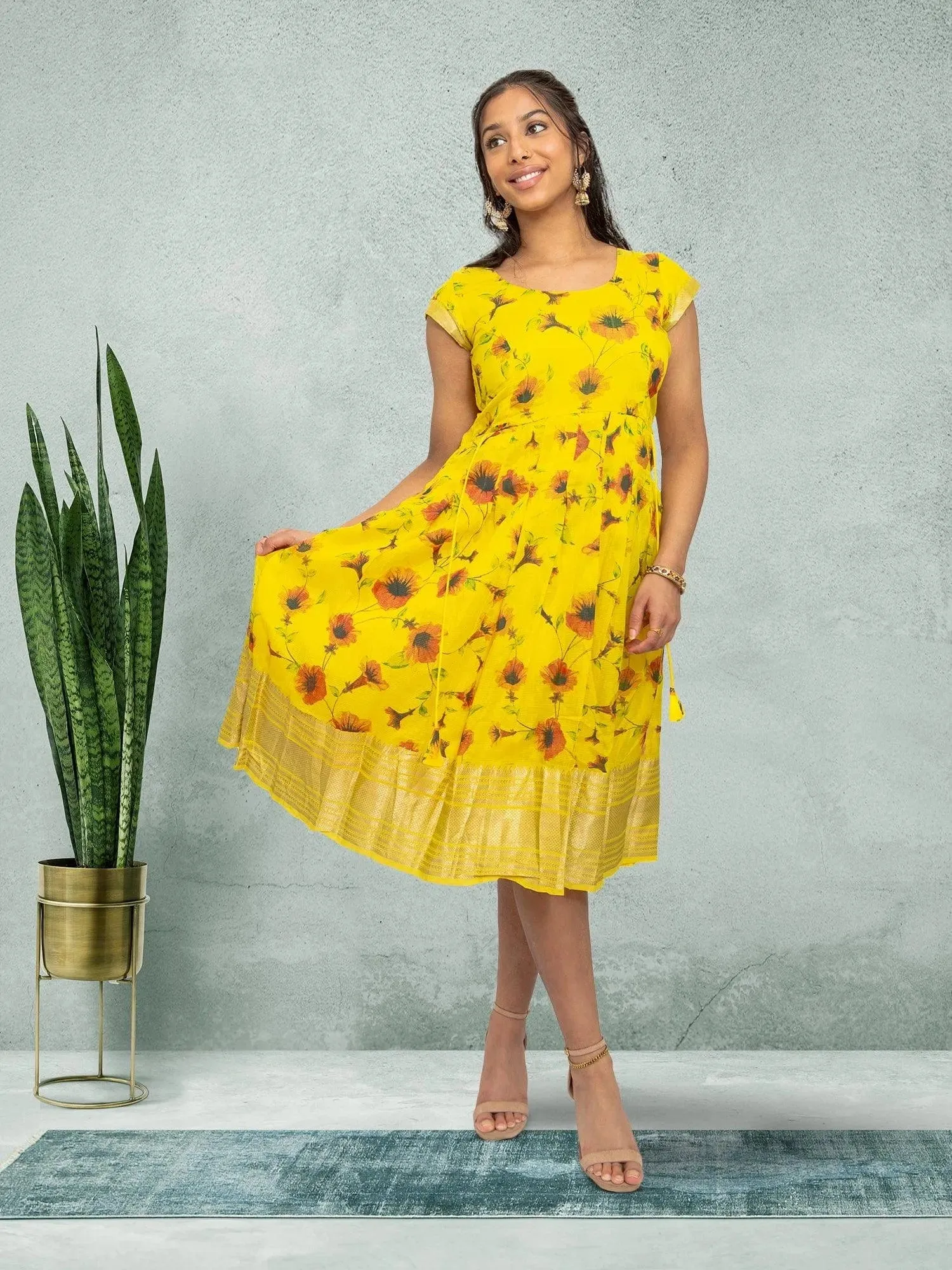 EthnoChic - Yellow Silk Knee Length Dress