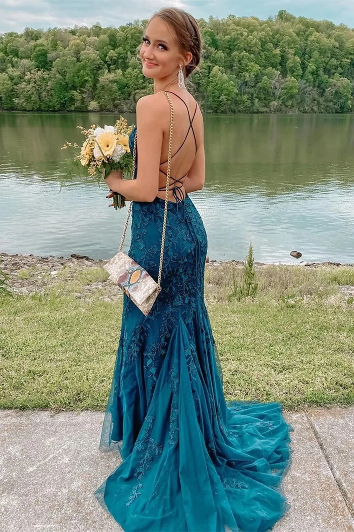 Fashion Teal Lace Tulle Mermaid Backless Long Prom Dresses, Mermaid Teal Lace Formal Dresses, Teal Lace Evening Dresses