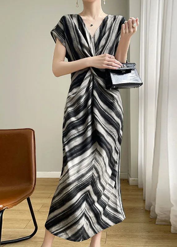 Fine Black Asymmetrical Striped Silk Dress Summer YY013