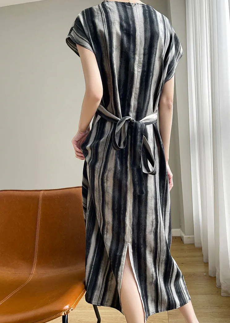 Fine Black Asymmetrical Striped Silk Dress Summer YY013