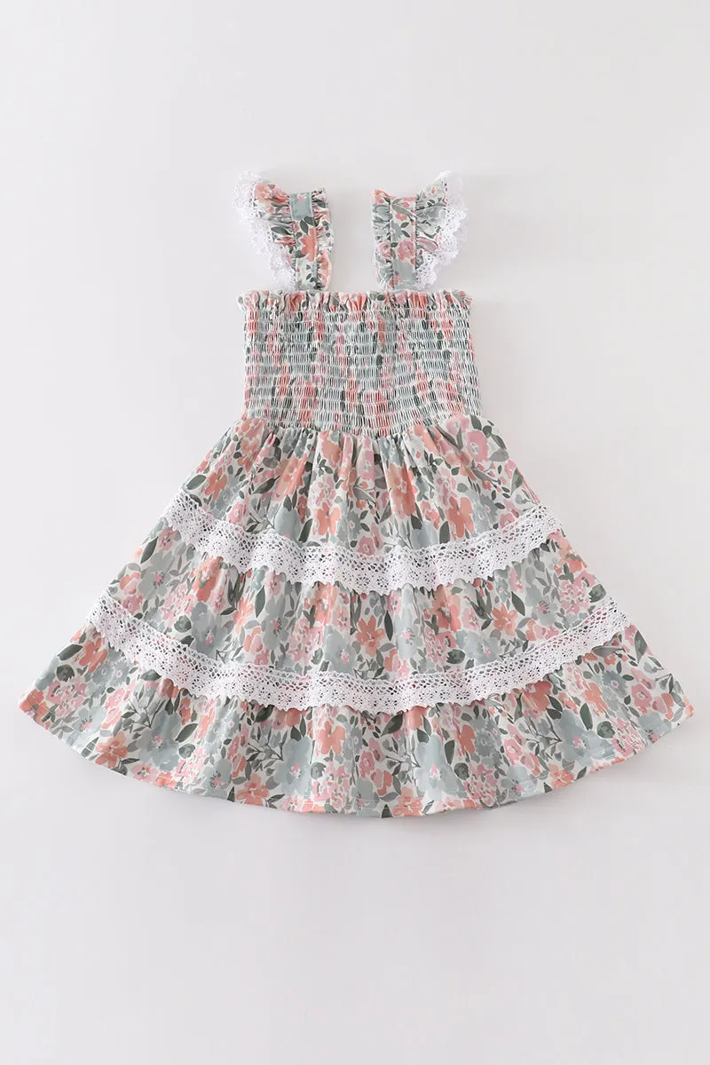 Floral print smocked girl dress