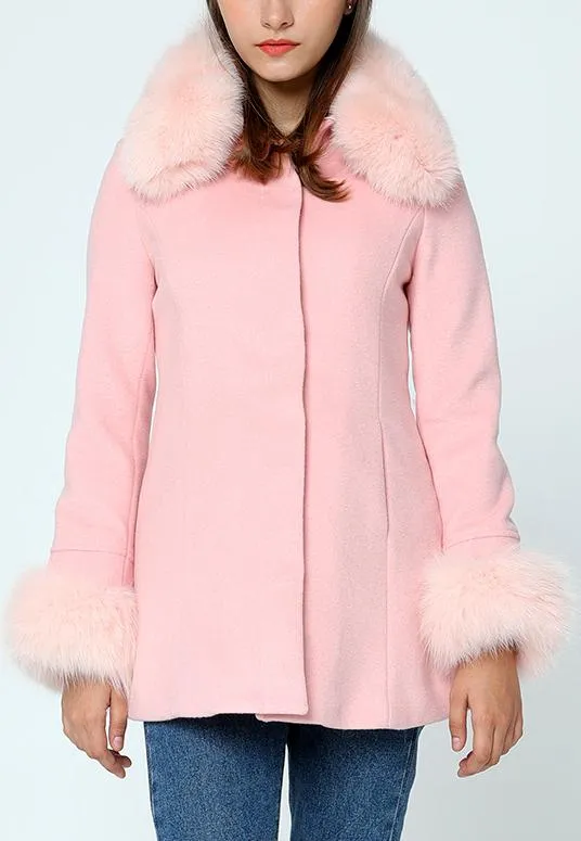 Fox-Fur-Trim Short Pink Coat