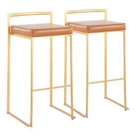 Fuji Contemporary Barstool in Gold with Camel Faux Leather by LumiSource - Set of 2