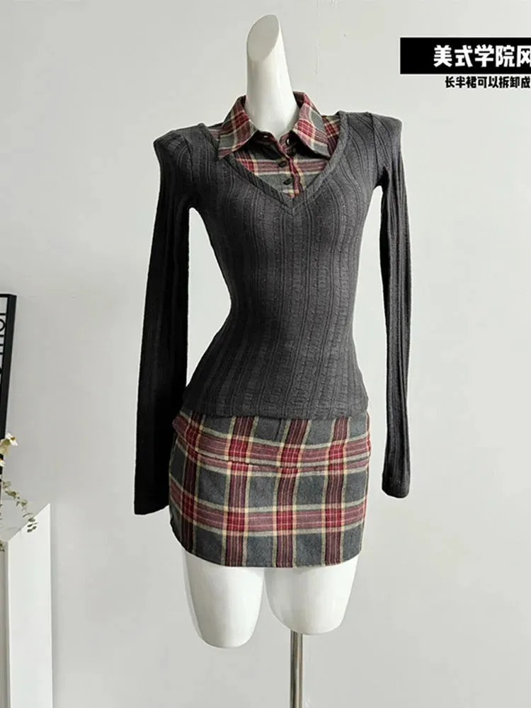 Girlary Korean Preppy Style Outfits Fashion 2 Piece Skirt Set Gyaru Fake Two Pieces Shirts   Hight Waist Plaid A-Line Skirt Classical