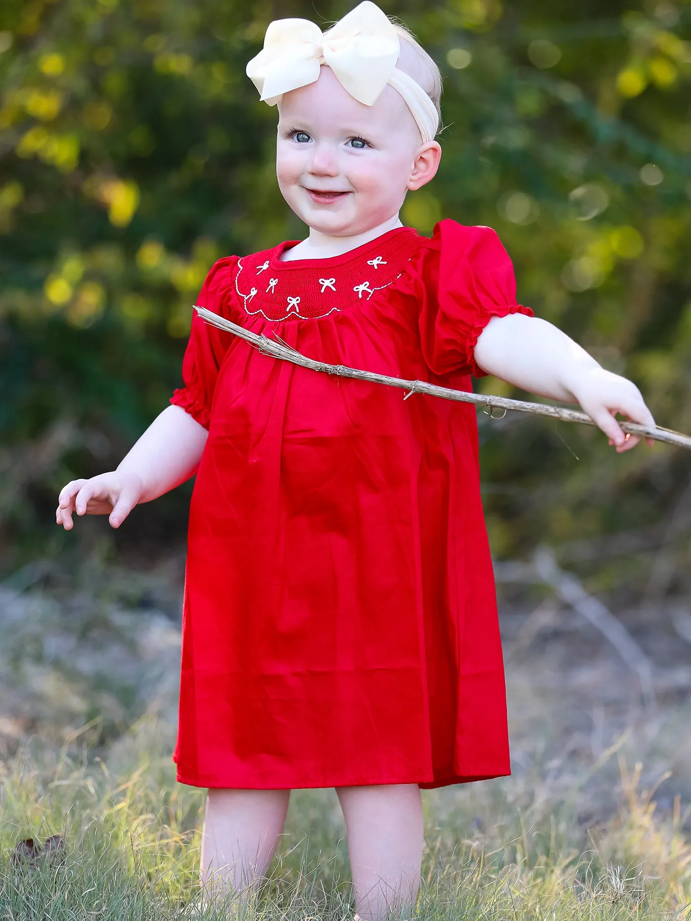 Girls Bow Smocking Embroidered Red Dress