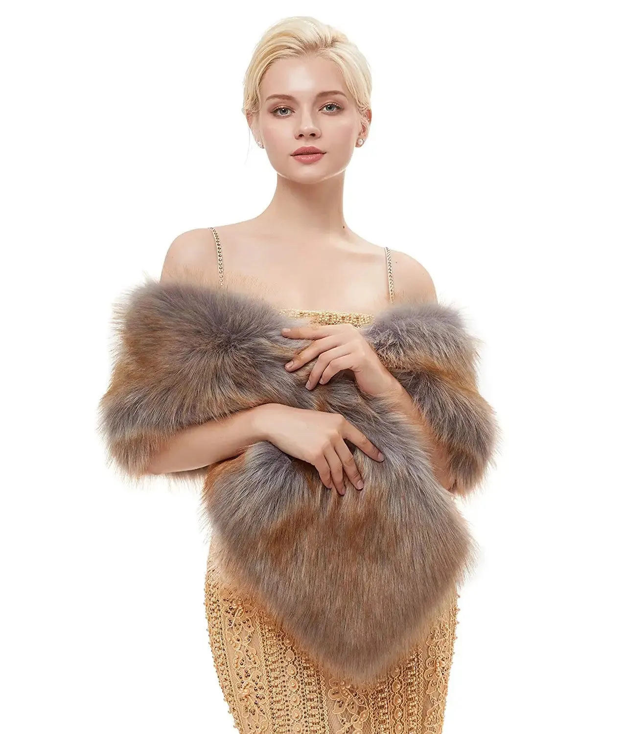 Great Gatsby 1920's Bridal Wedding Faux Fur Shawl Wrap - Vintage Grey/Brown