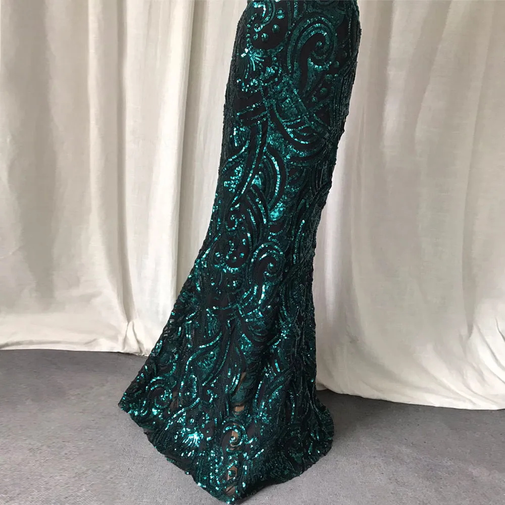 Green Evening Dresses Mermaid Halter Neck Long Evening Gown Elegant Glitter Sequin Pattern Formal Party Women Emerald Dress