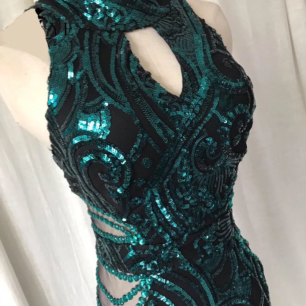 Green Evening Dresses Mermaid Halter Neck Long Evening Gown Elegant Glitter Sequin Pattern Formal Party Women Emerald Dress