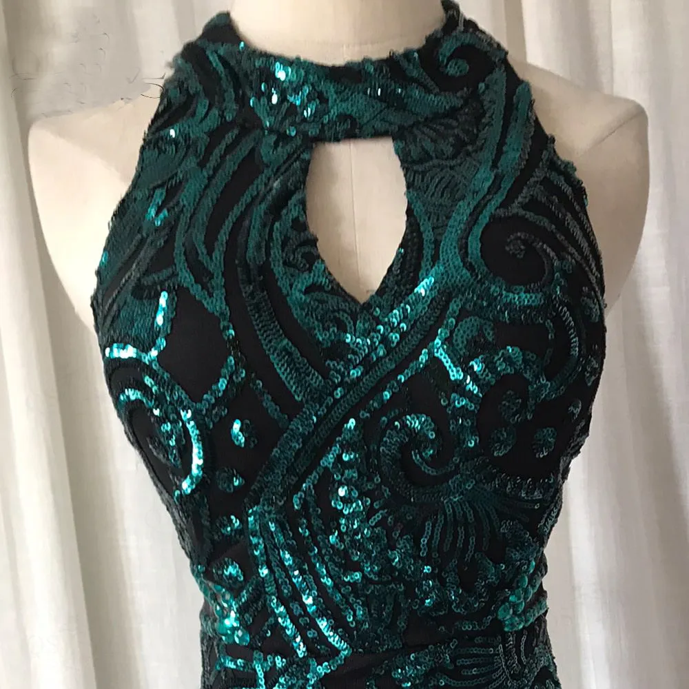 Green Evening Dresses Mermaid Halter Neck Long Evening Gown Elegant Glitter Sequin Pattern Formal Party Women Emerald Dress