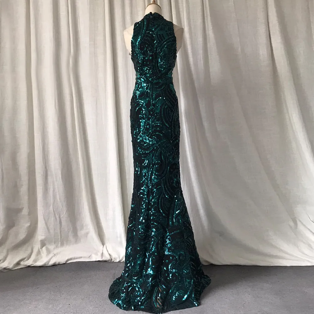 Green Evening Dresses Mermaid Halter Neck Long Evening Gown Elegant Glitter Sequin Pattern Formal Party Women Emerald Dress