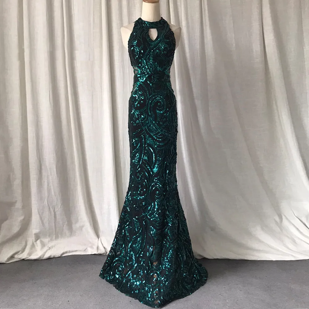 Green Evening Dresses Mermaid Halter Neck Long Evening Gown Elegant Glitter Sequin Pattern Formal Party Women Emerald Dress