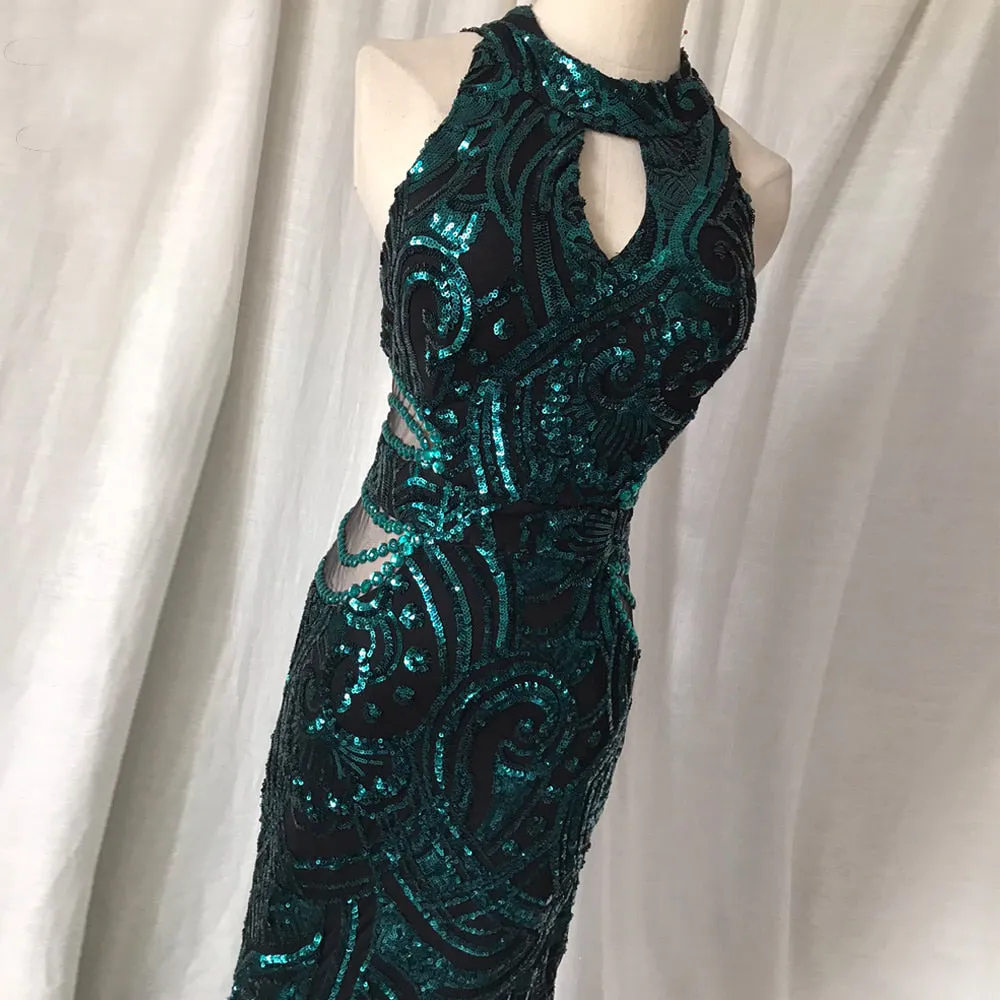 Green Evening Dresses Mermaid Halter Neck Long Evening Gown Elegant Glitter Sequin Pattern Formal Party Women Emerald Dress