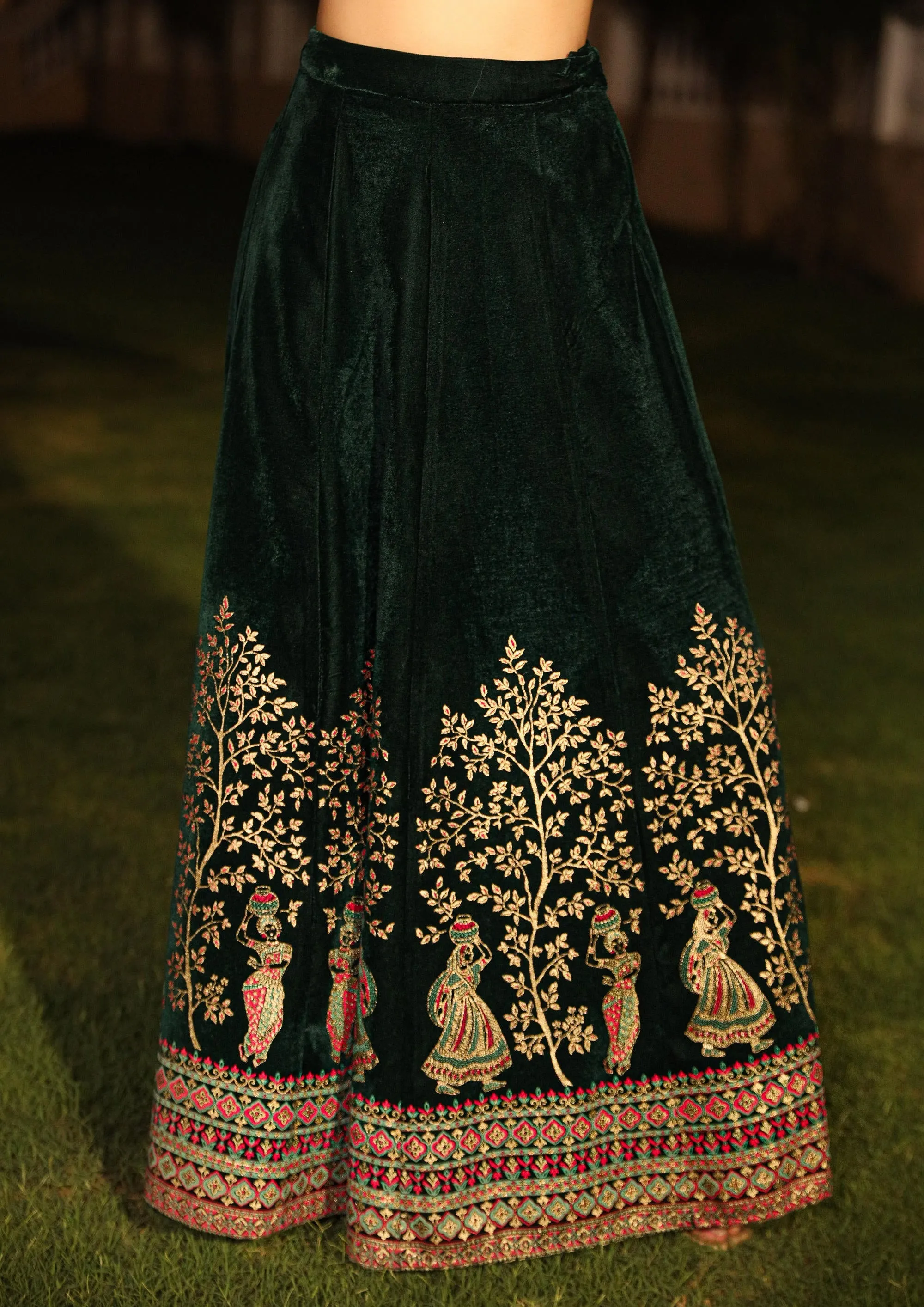 Green Zari Embroidered Velvet Top & Skirt Set With Sequins & Lace