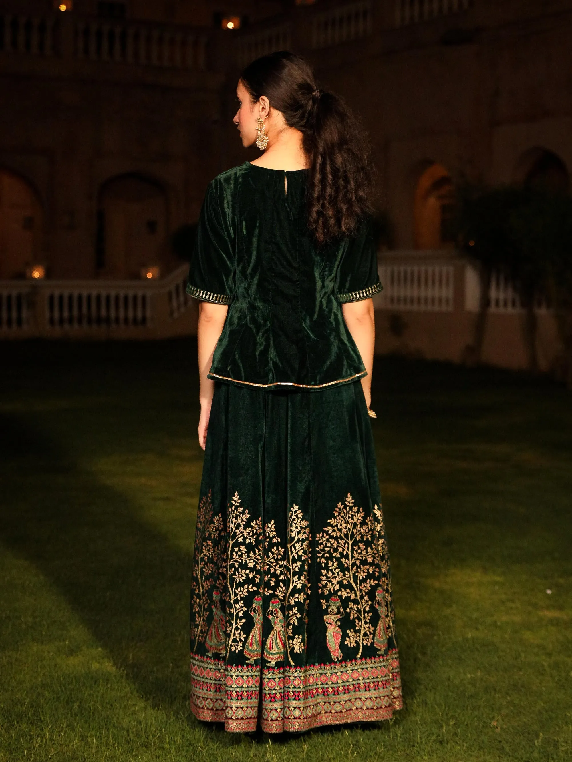 Green Zari Embroidered Velvet Top & Skirt Set With Sequins & Lace