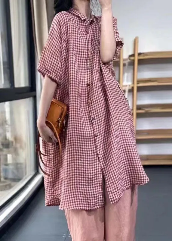 Handmade Red Peter Pan Collar Plaid Cotton Shirts Dress Summer FF009