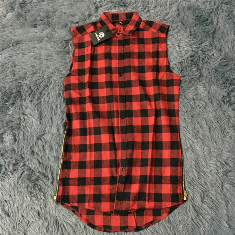 Hip hop clothing tyga mens fashion camisa masculina swag plaid shirts sleeveless side gold zipper man extended mens dress shirt