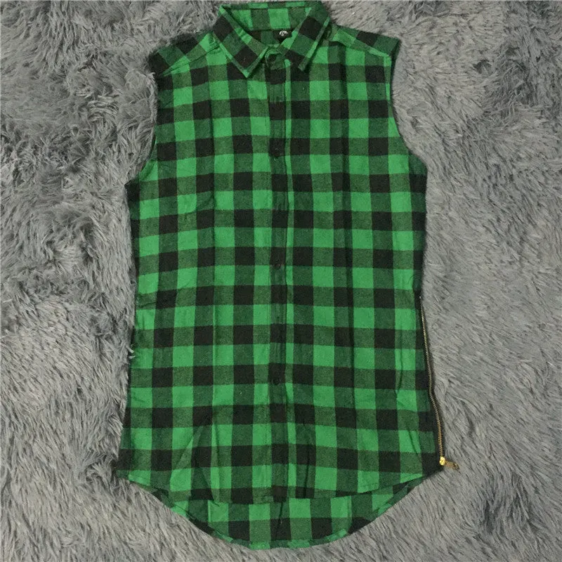 Hip hop clothing tyga mens fashion camisa masculina swag plaid shirts sleeveless side gold zipper man extended mens dress shirt