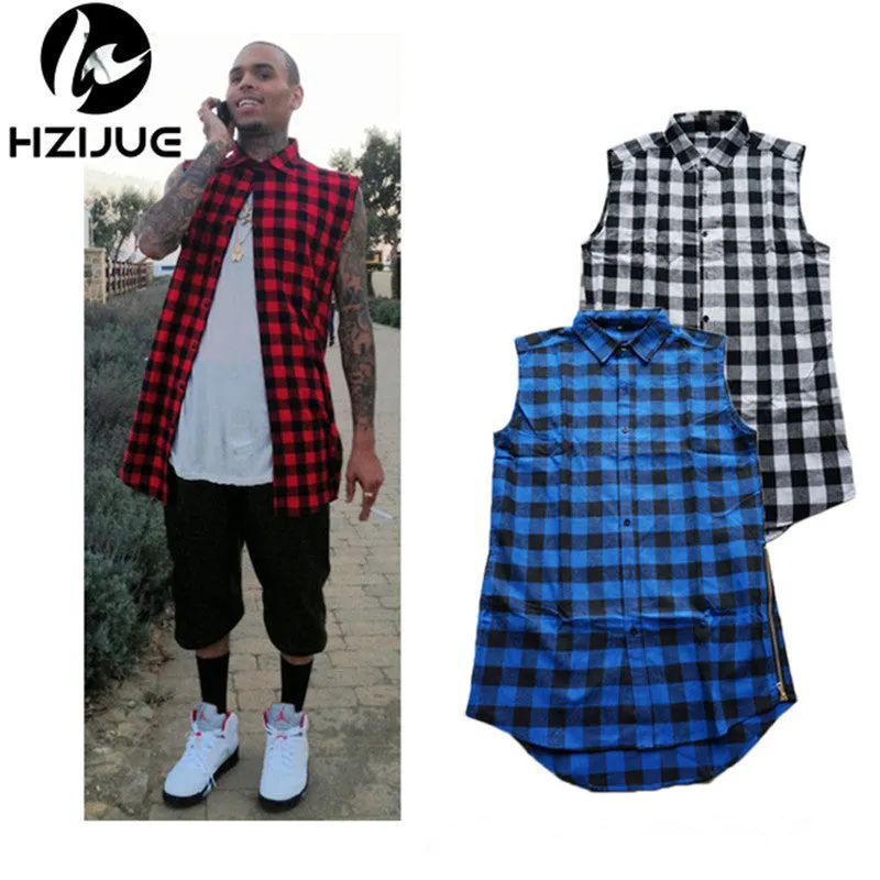 Hip hop clothing tyga mens fashion camisa masculina swag plaid shirts sleeveless side gold zipper man extended mens dress shirt