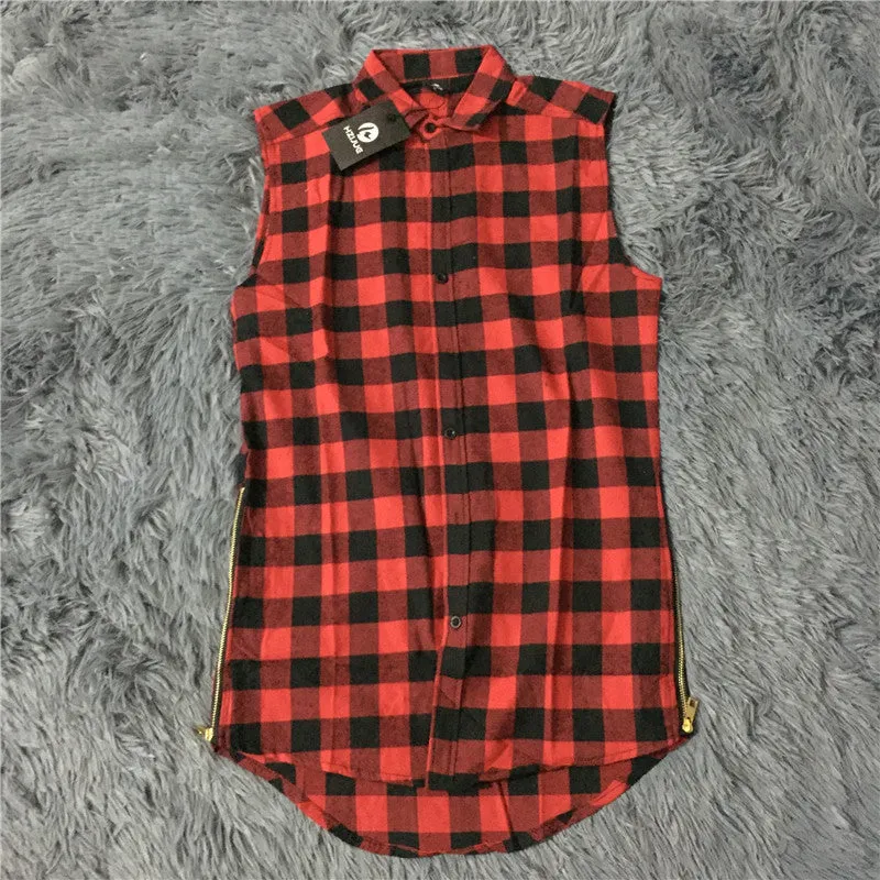 Hip hop clothing tyga mens fashion camisa masculina swag plaid shirts sleeveless side gold zipper man extended mens dress shirt