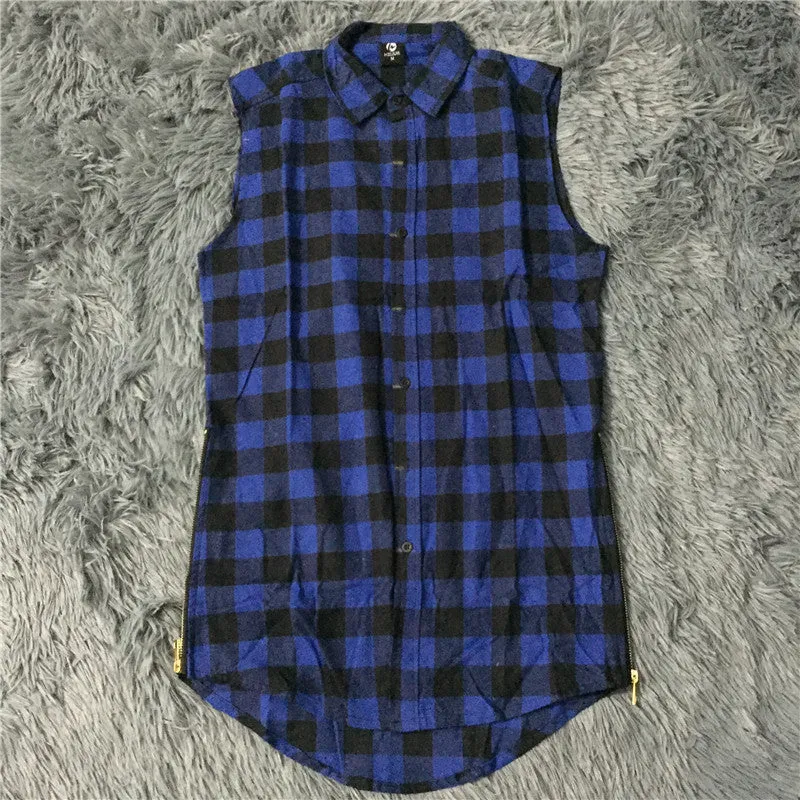 Hip hop clothing tyga mens fashion camisa masculina swag plaid shirts sleeveless side gold zipper man extended mens dress shirt