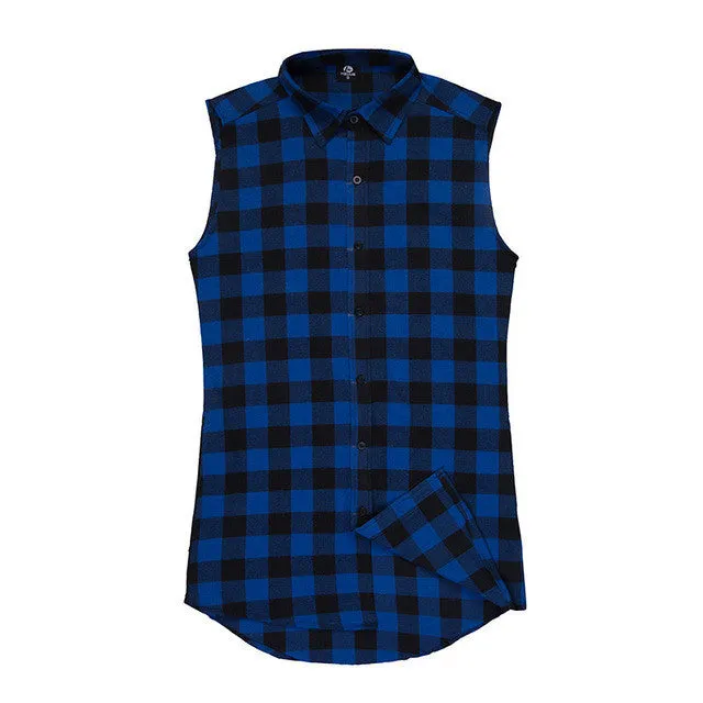 Hip hop clothing tyga mens fashion camisa masculina swag plaid shirts sleeveless side gold zipper man extended mens dress shirt