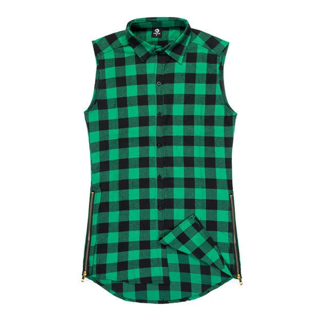 Hip hop clothing tyga mens fashion camisa masculina swag plaid shirts sleeveless side gold zipper man extended mens dress shirt