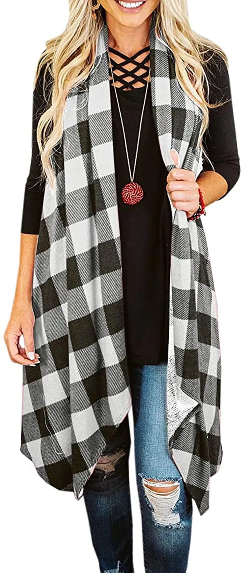 Ivay Womens Plaid Open Front Cardigan Sleeveless Drape Lightweight Vest Coat with Pockets