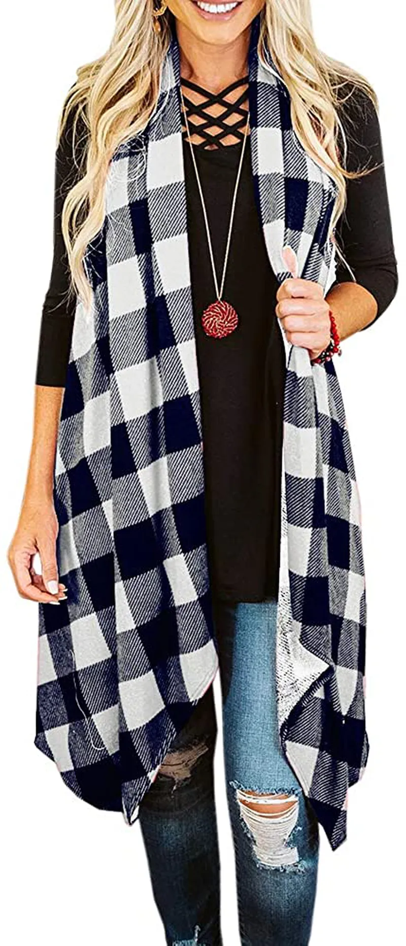 Ivay Womens Plaid Open Front Cardigan Sleeveless Drape Lightweight Vest Coat with Pockets