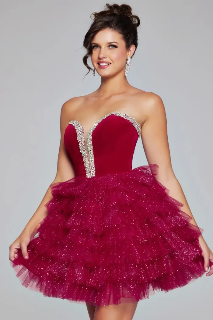 Jovani 40352 Velvet Short Cocktail Dress Layer Tulle Shimmer Homecoming Gown Pageant