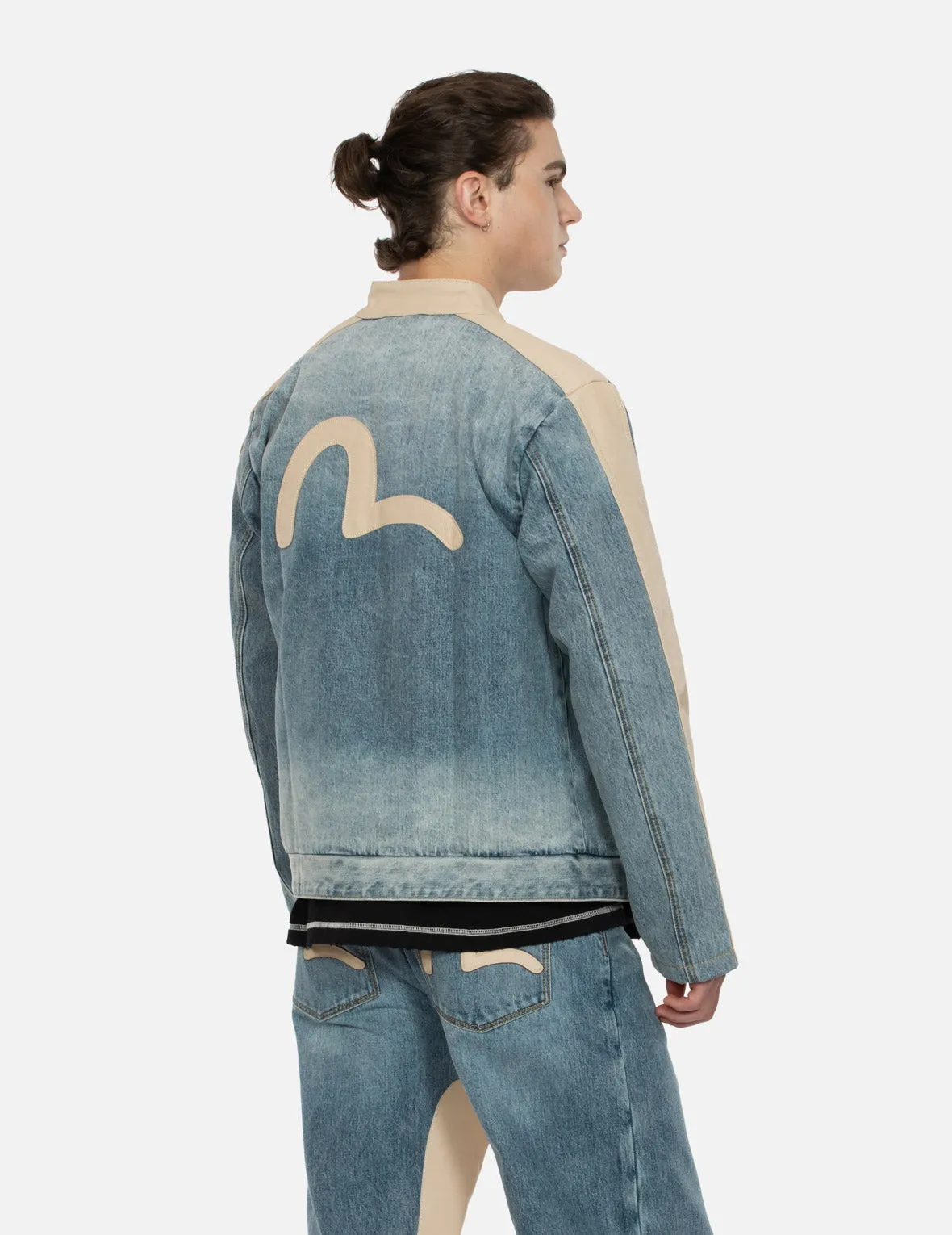 Leather Logo and Seagull Appliqué Regular Fit Denim Moto Jacket