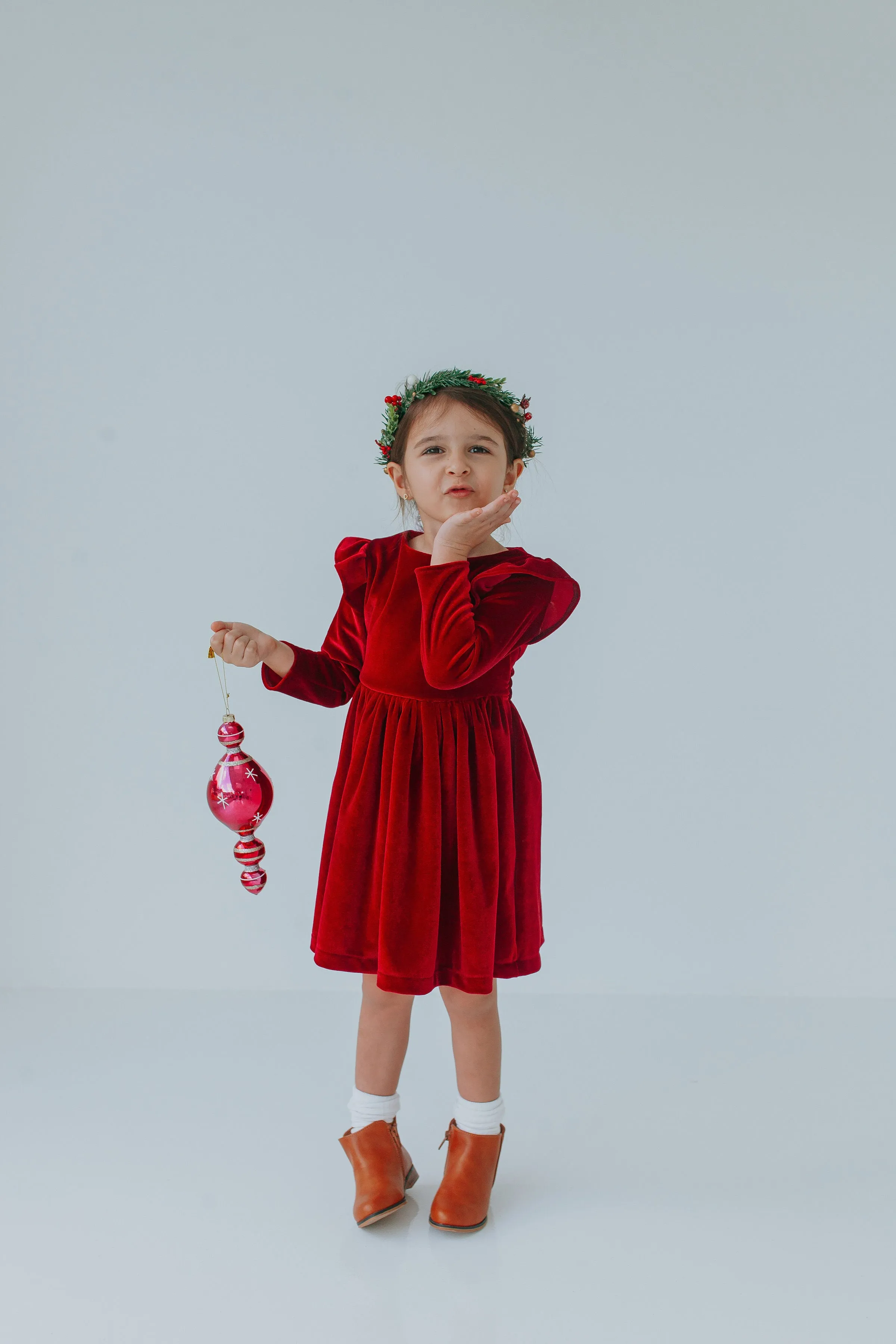 Little Girl's Red Velvet Flutter Sleeve Dress