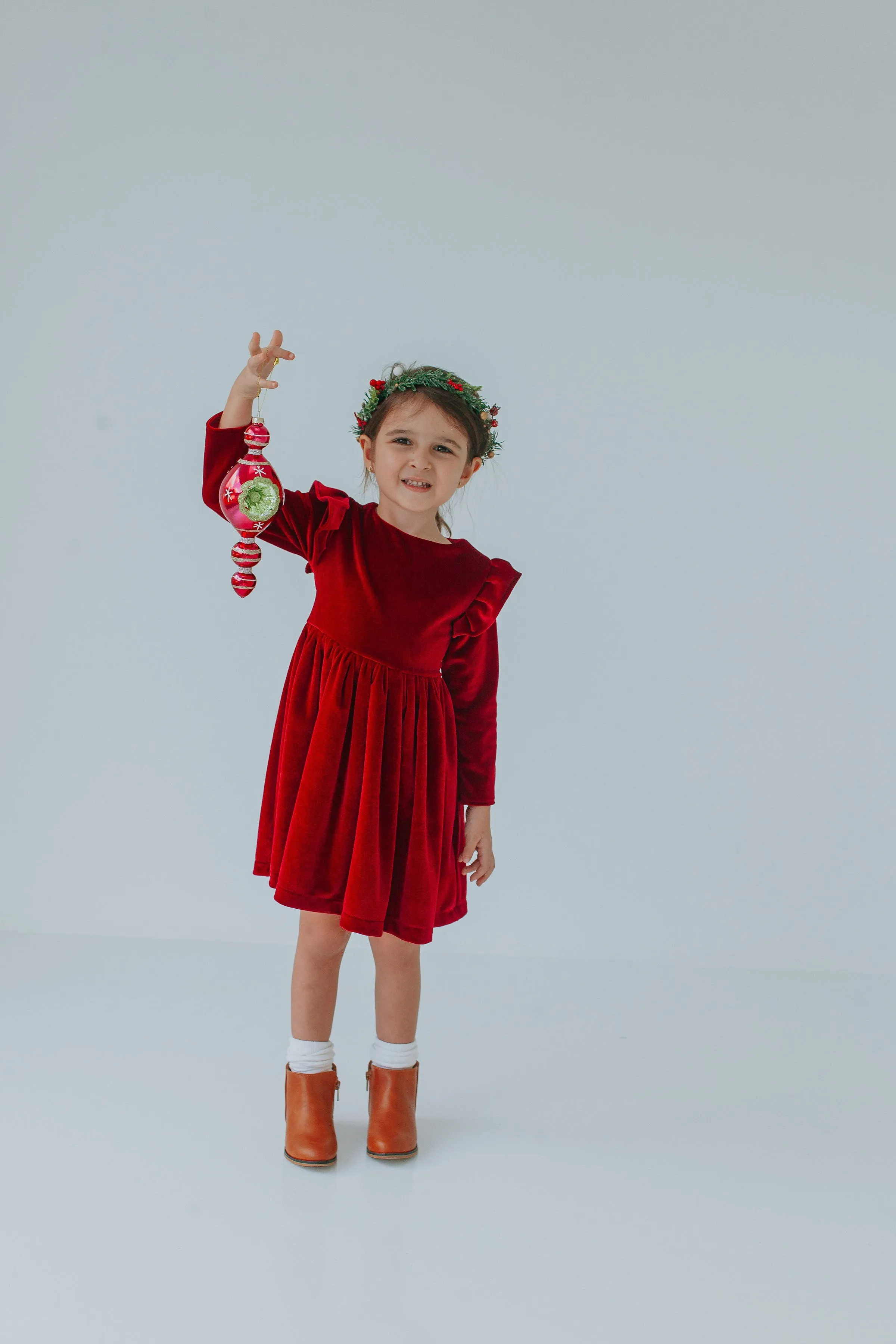 Little Girl's Red Velvet Flutter Sleeve Dress