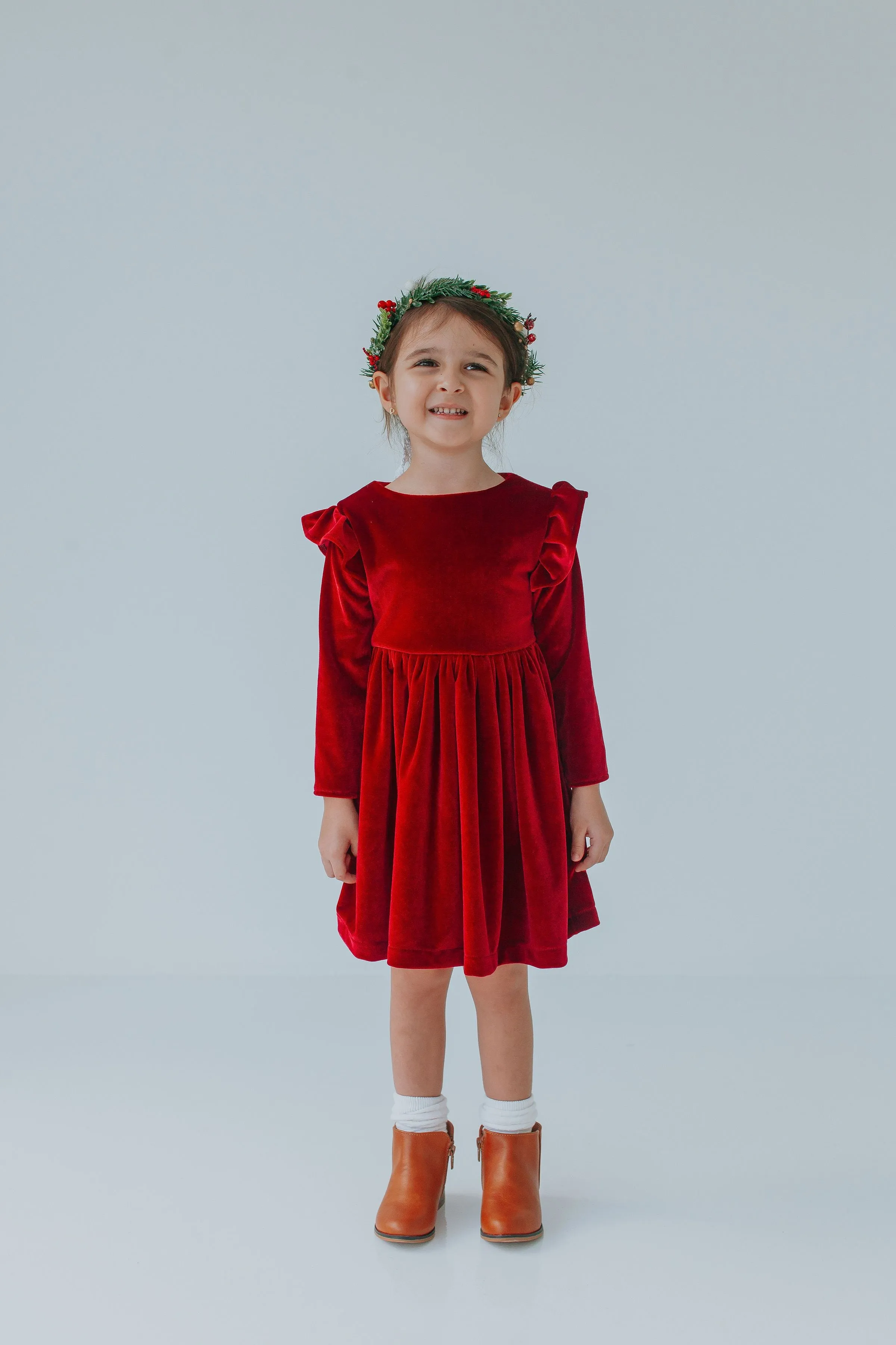 Little Girl's Red Velvet Flutter Sleeve Dress