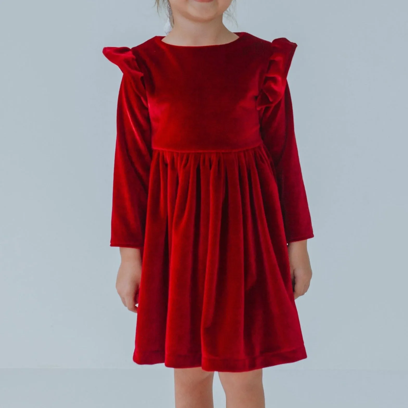 Little Girl's Red Velvet Flutter Sleeve Dress