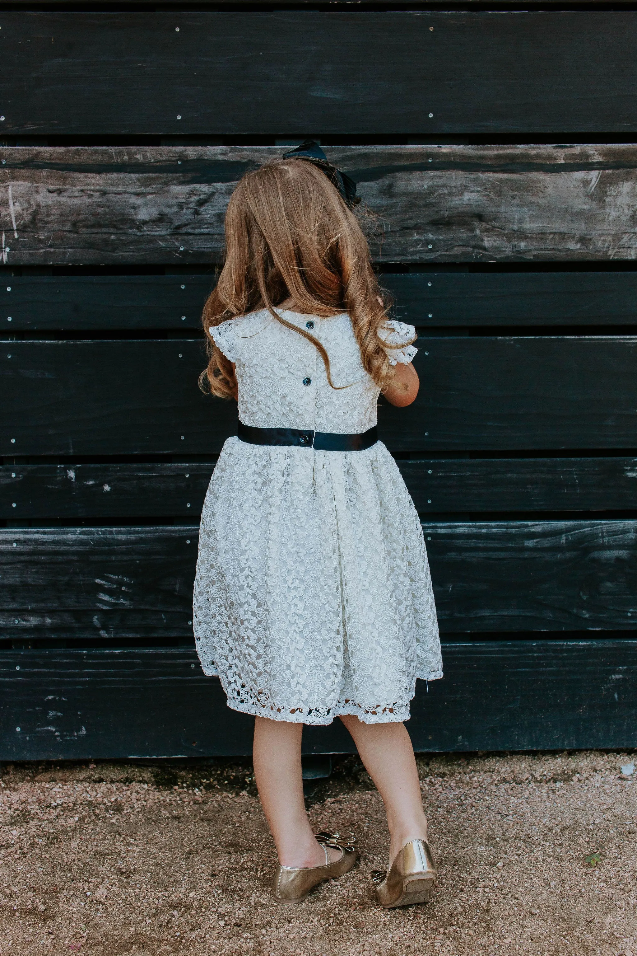 Little Girl's White Lace Dress with Black Satin Sash