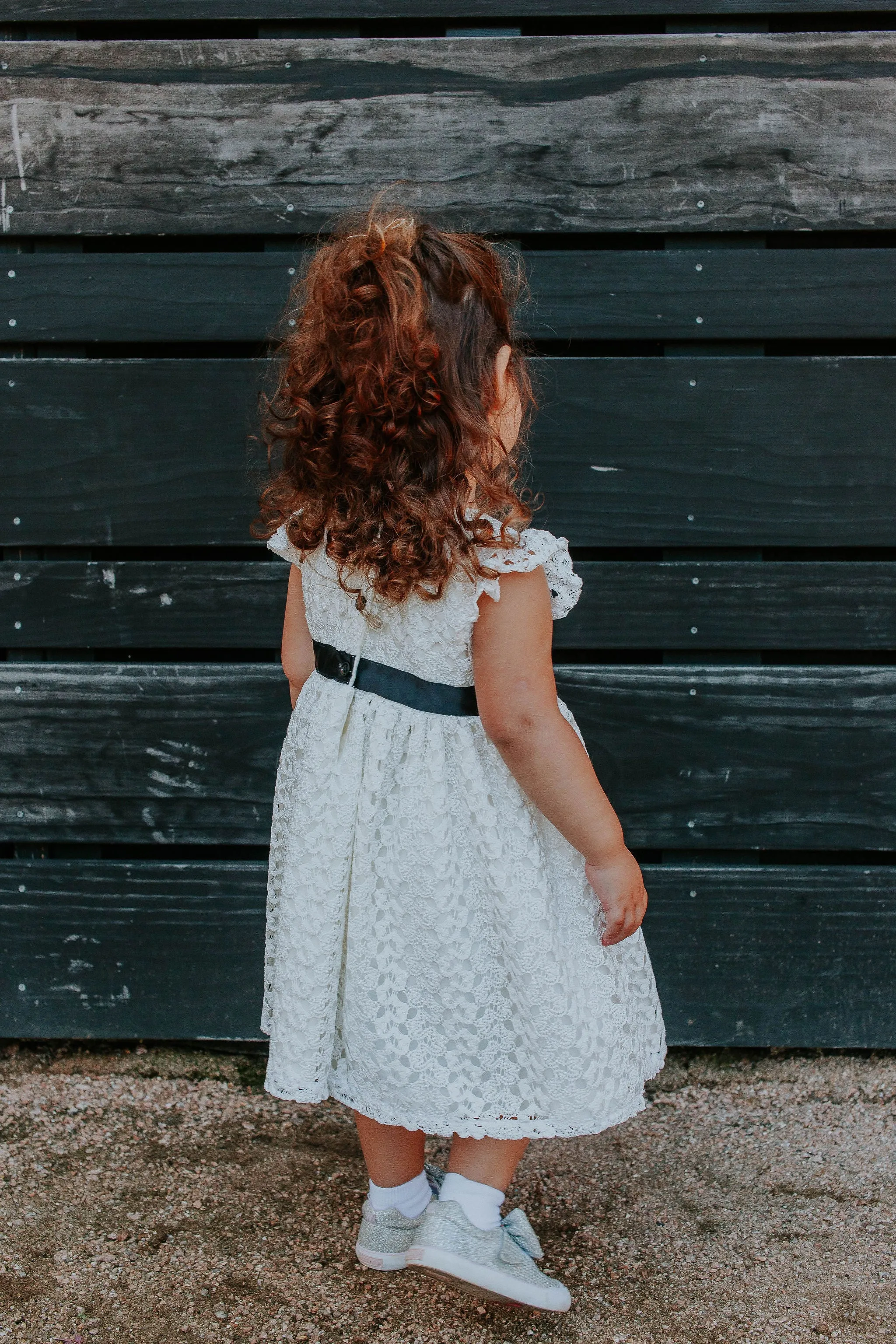 Little Girl's White Lace Dress with Black Satin Sash