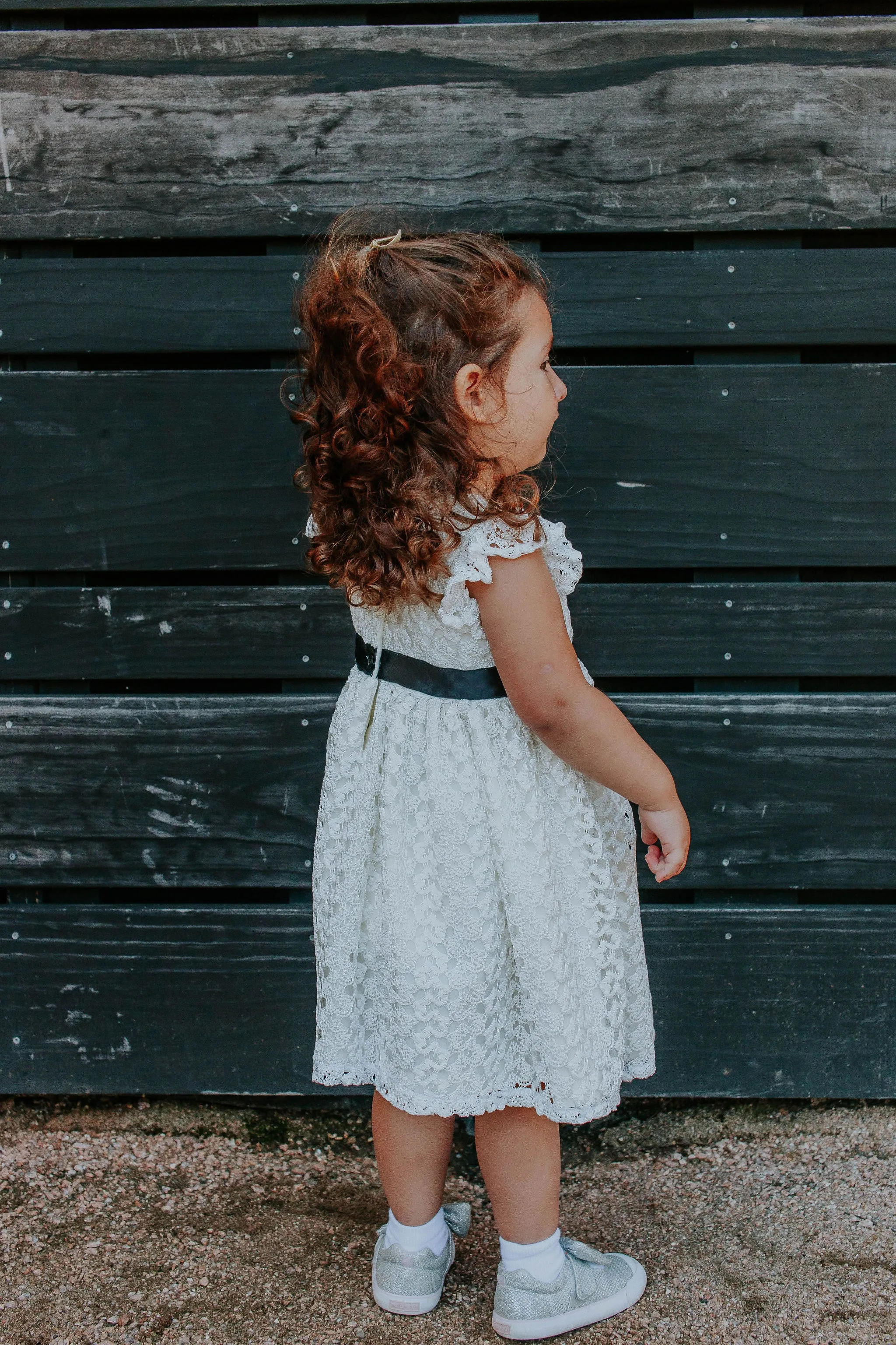 Little Girl's White Lace Dress with Black Satin Sash