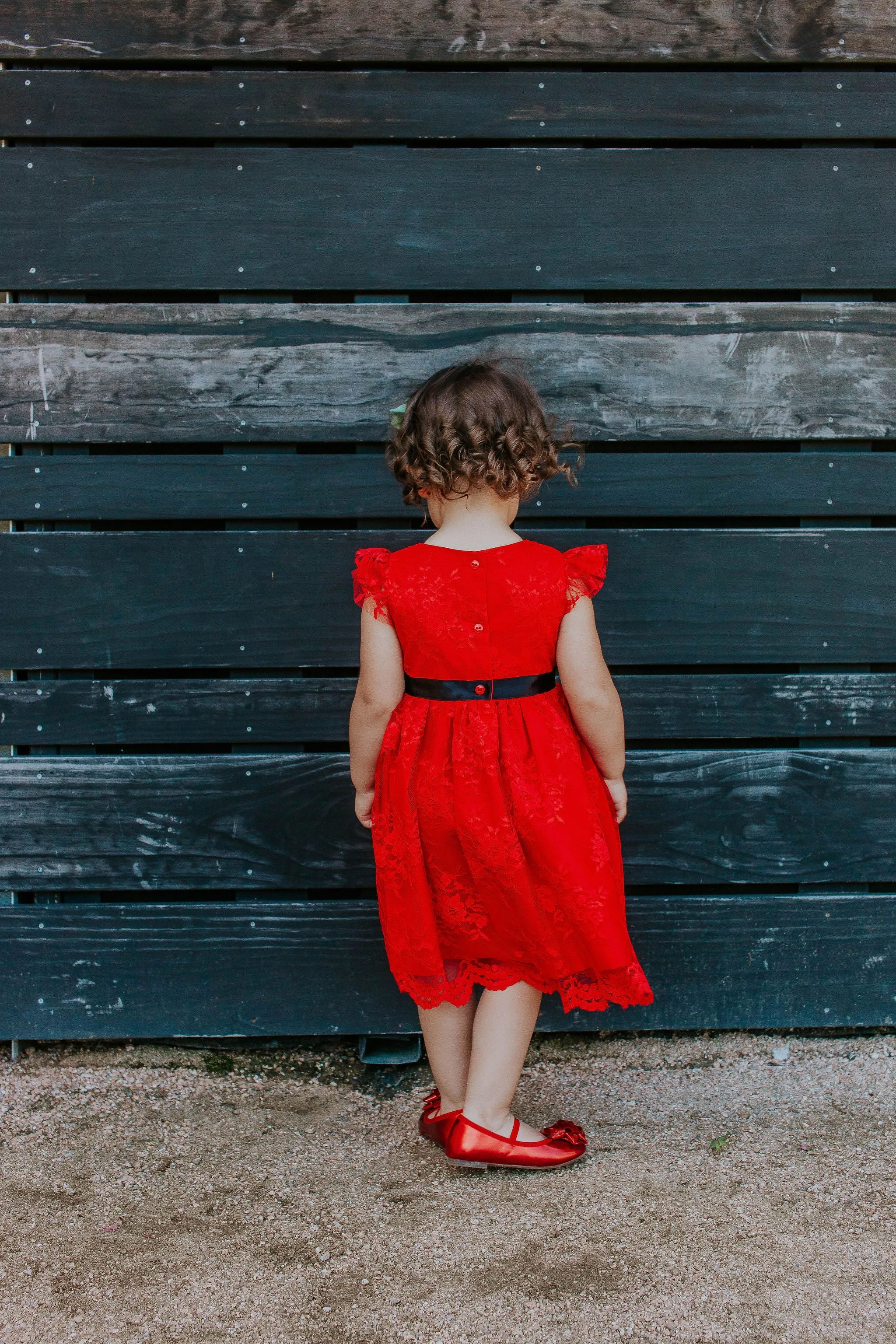 Little Girl's White Lace Dress with Black Satin Sash