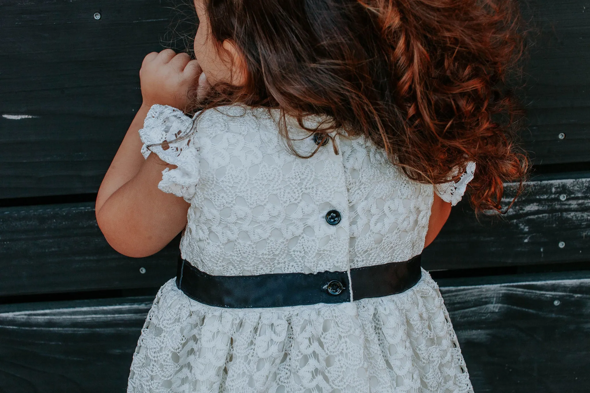 Little Girl's White Lace Dress with Black Satin Sash