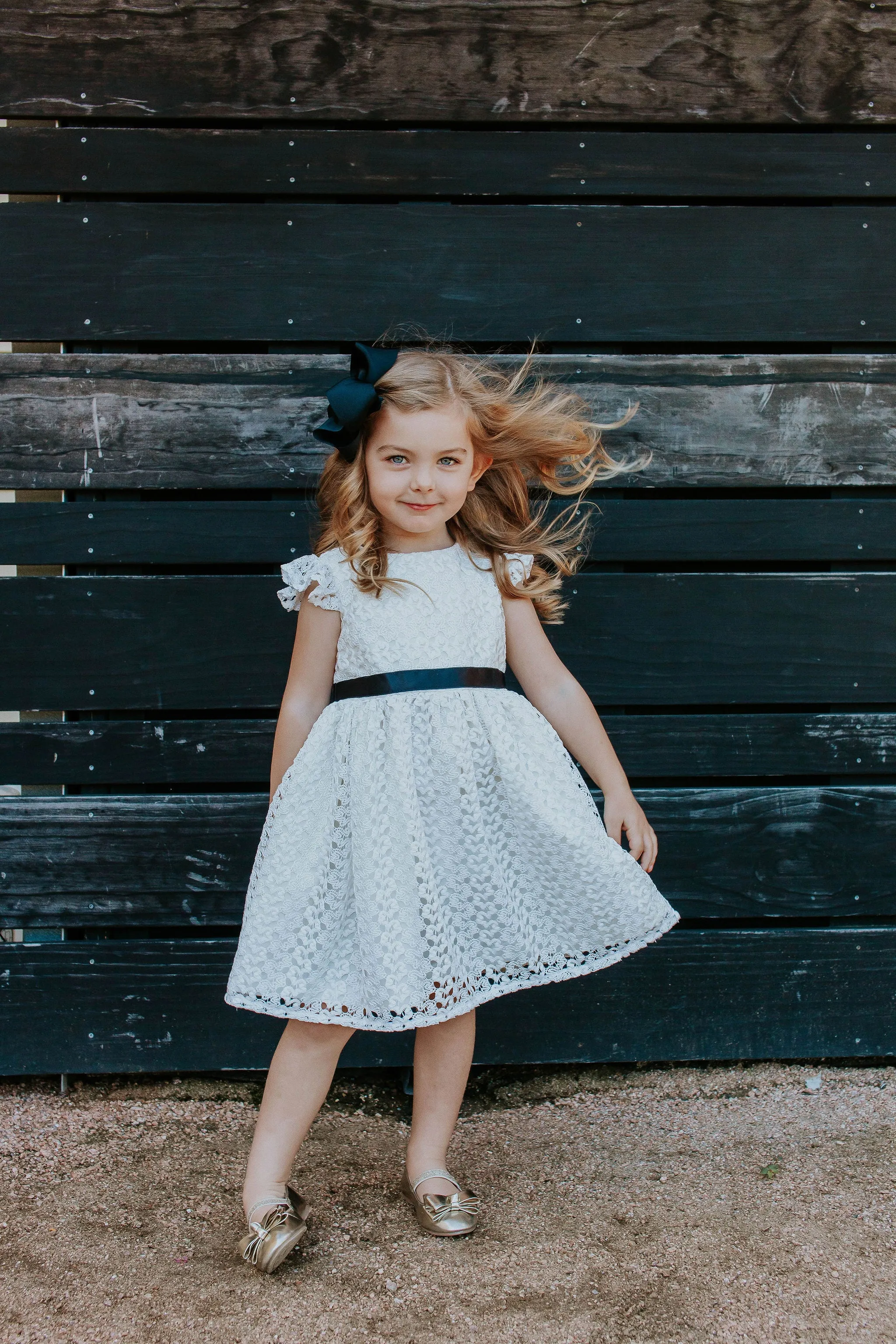 Little Girl's White Lace Dress with Black Satin Sash