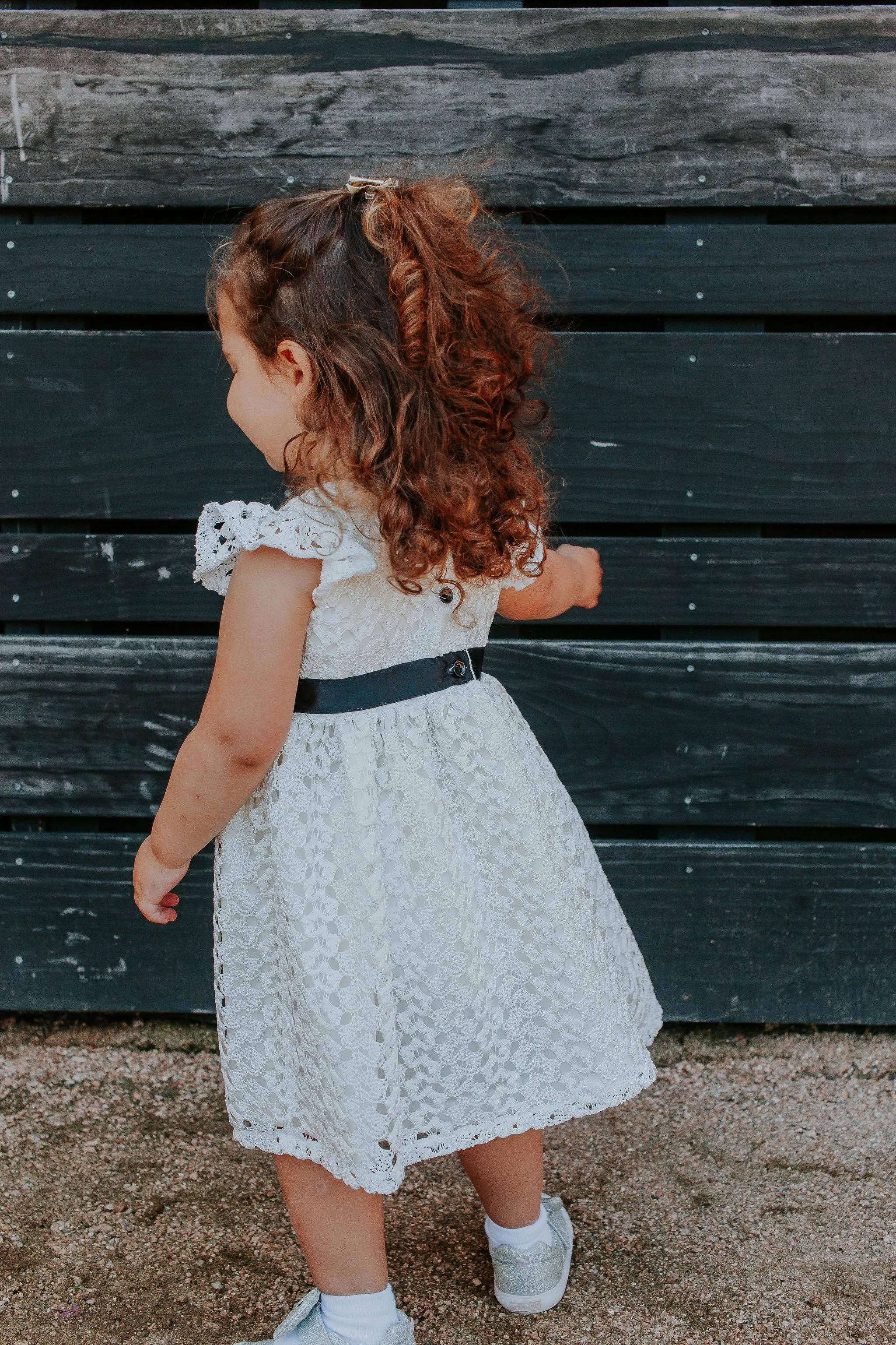 Little Girl's White Lace Dress with Black Satin Sash